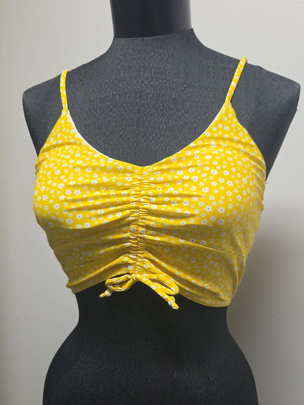 Yellow Floral Ruched Swim Crop Top with Adjustable Front